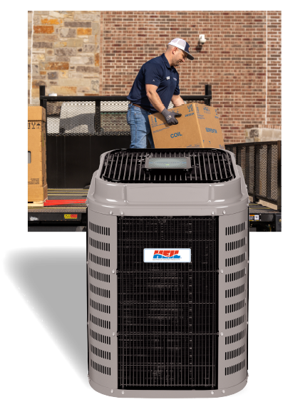 A Morosco HVAC technician and an air conditioning unit